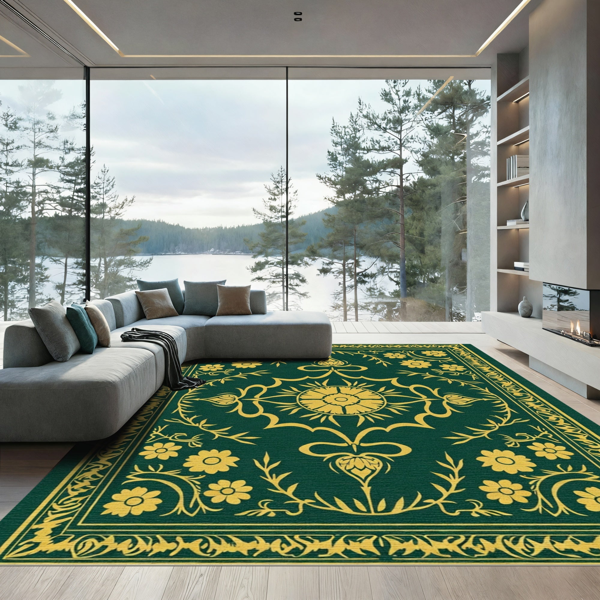 Forest Green Golden Floral Medallion Rug