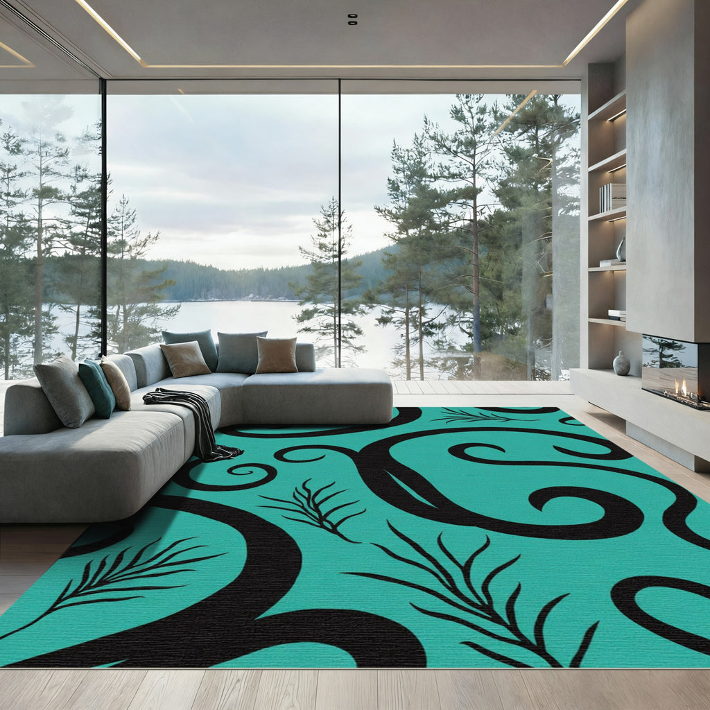 Teal And Black Swirl Leaf Arrangement Rug