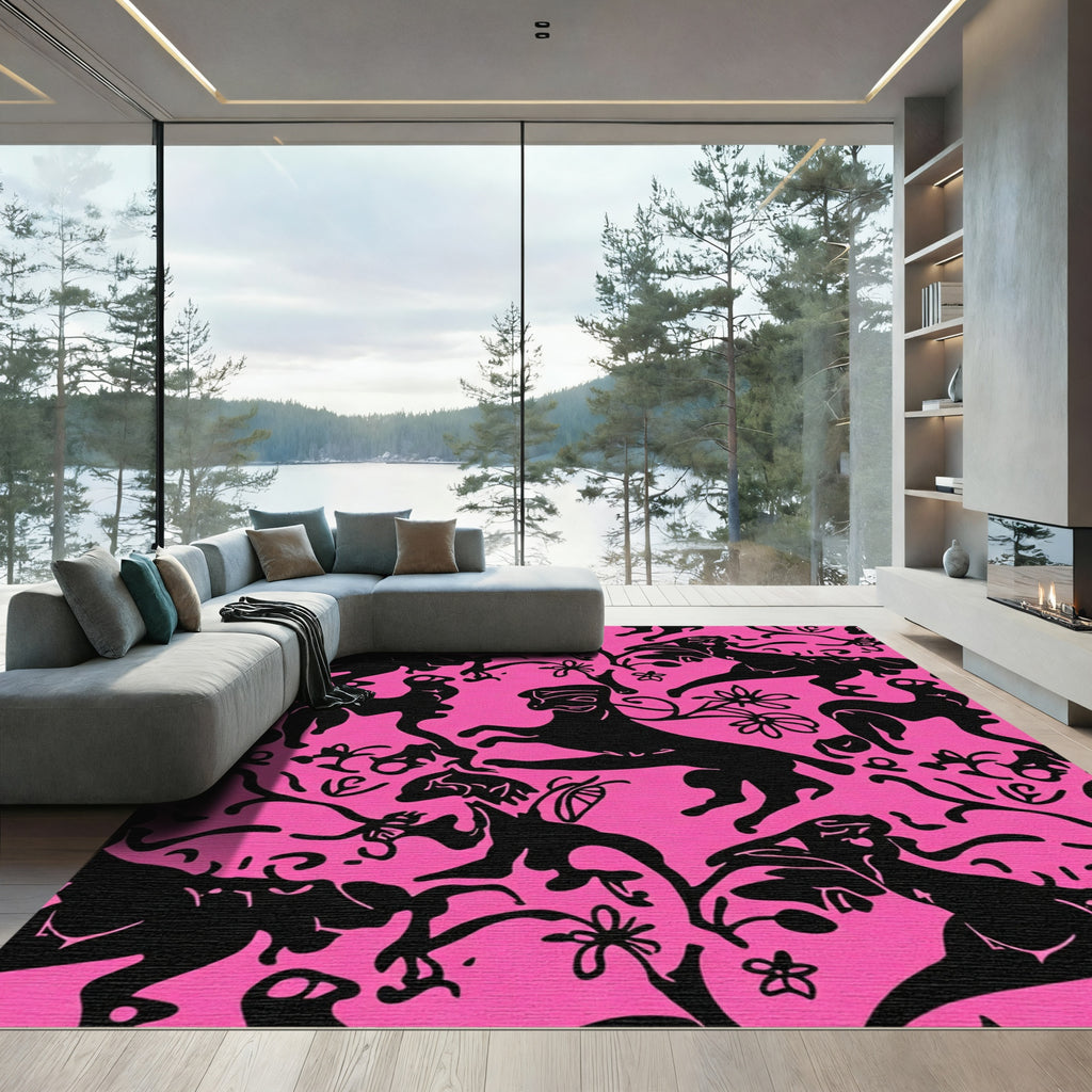 Vibrant Black Leaping Wildlife Hot Pink Rug