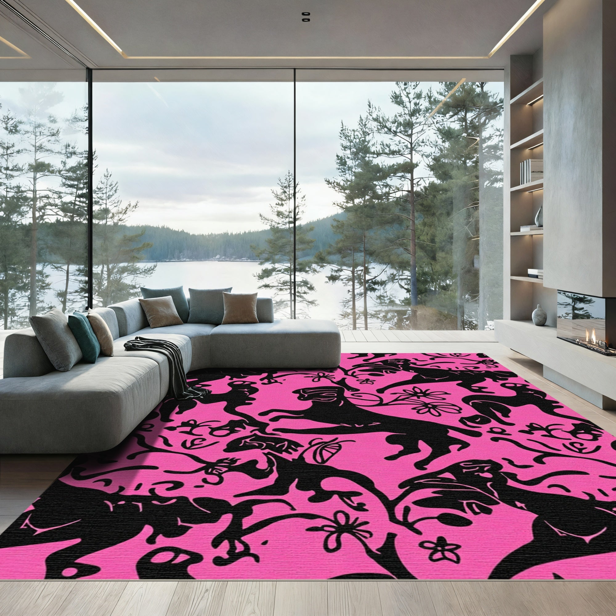 Vibrant Black Leaping Wildlife Hot Pink Rug