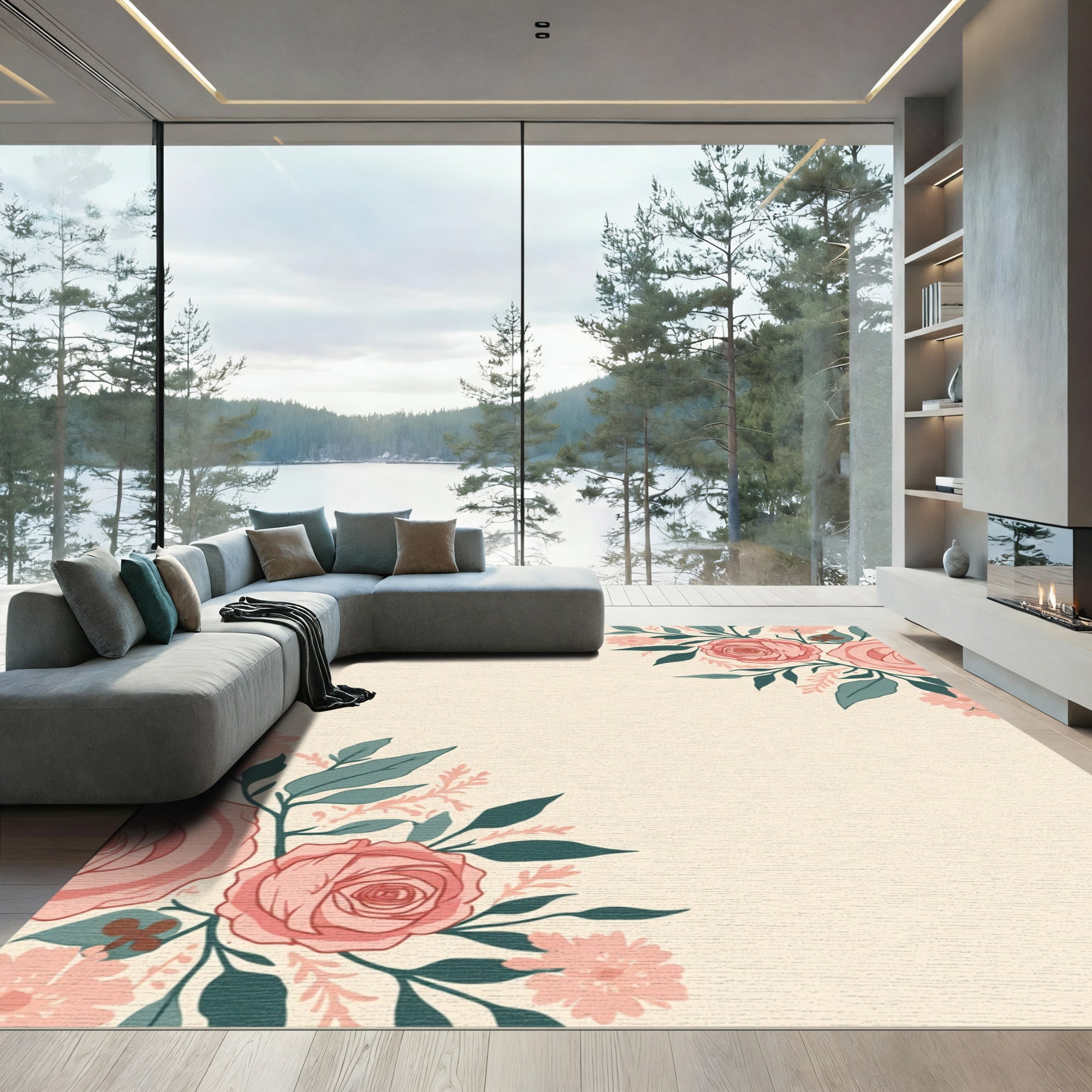 Pink Rose Leaf Garland Arrangement Rug