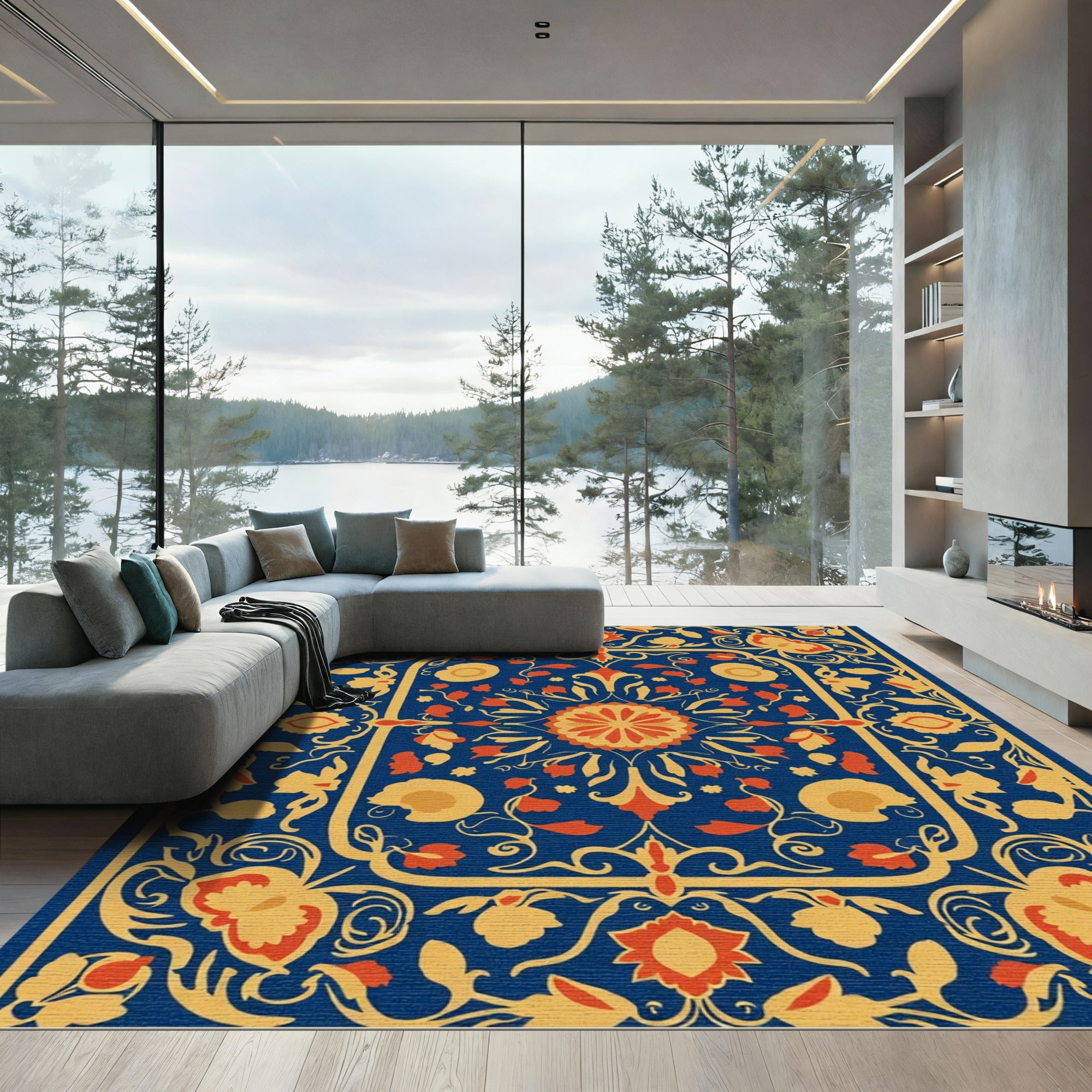 Rich Sapphire Floral Medallion Rug