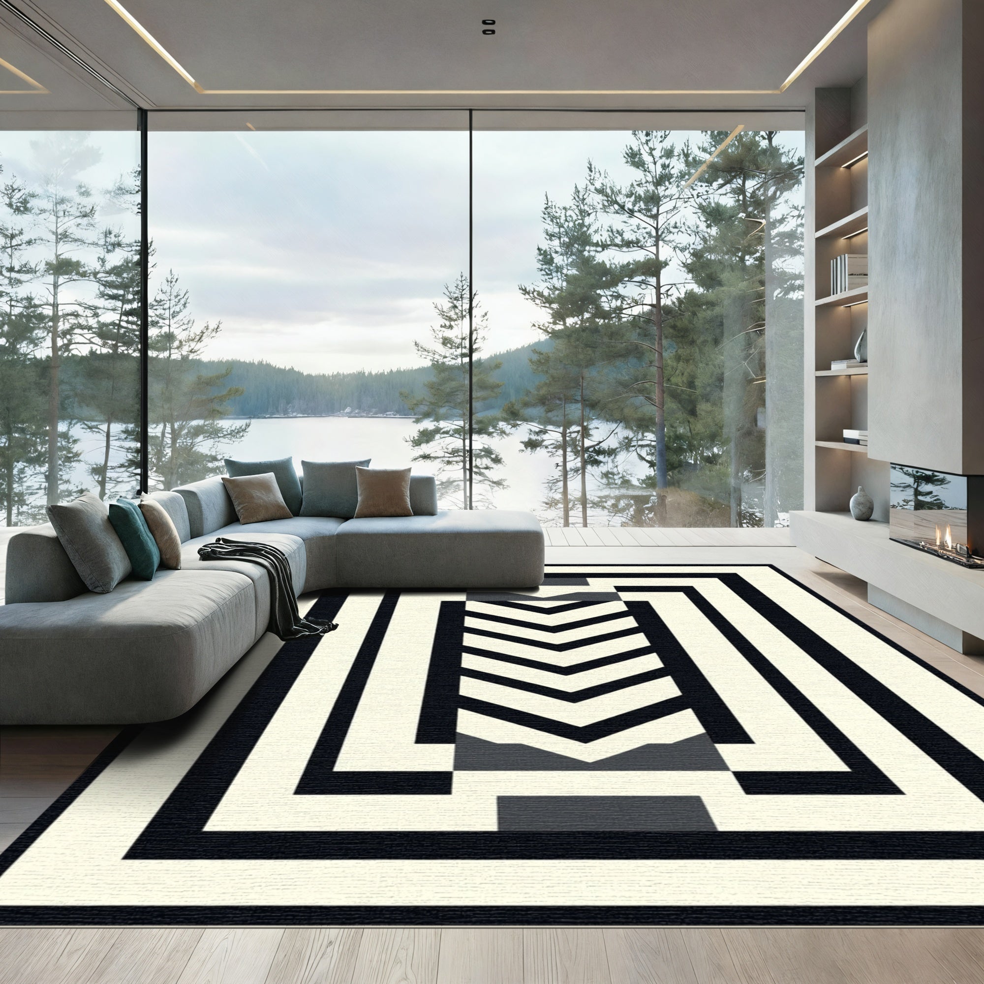 Monochromatic Chevron Rectangular Border Rug