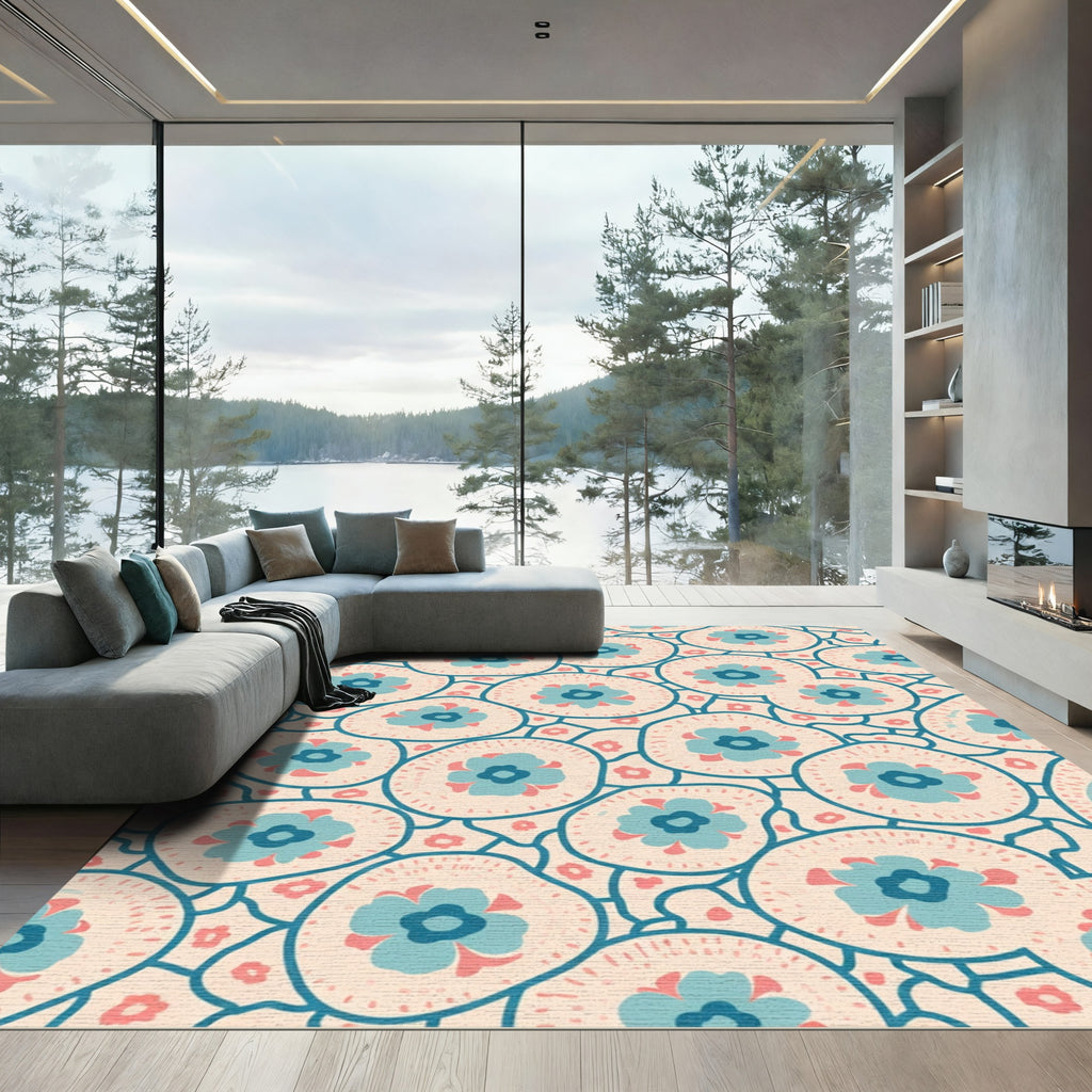 Teal Pink Floral Medallion Overlay Rug
