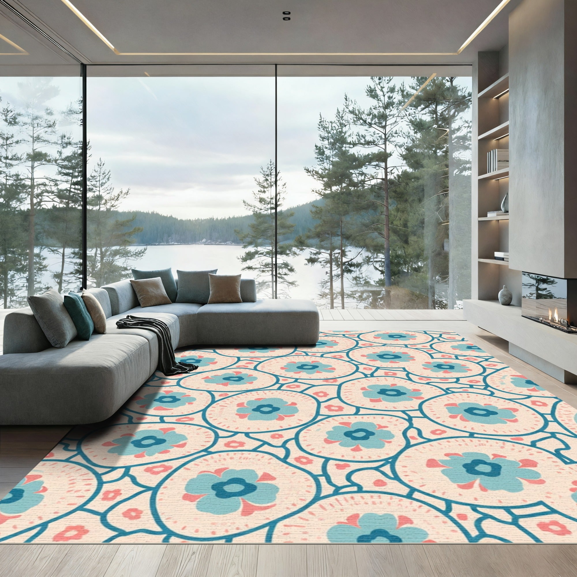 Teal Pink Floral Medallion Overlay Rug