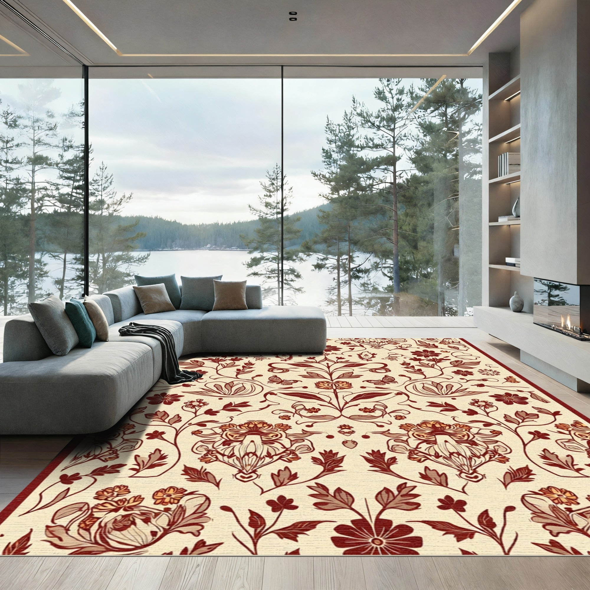 Maroon Floral Butterfly Meadow Rug