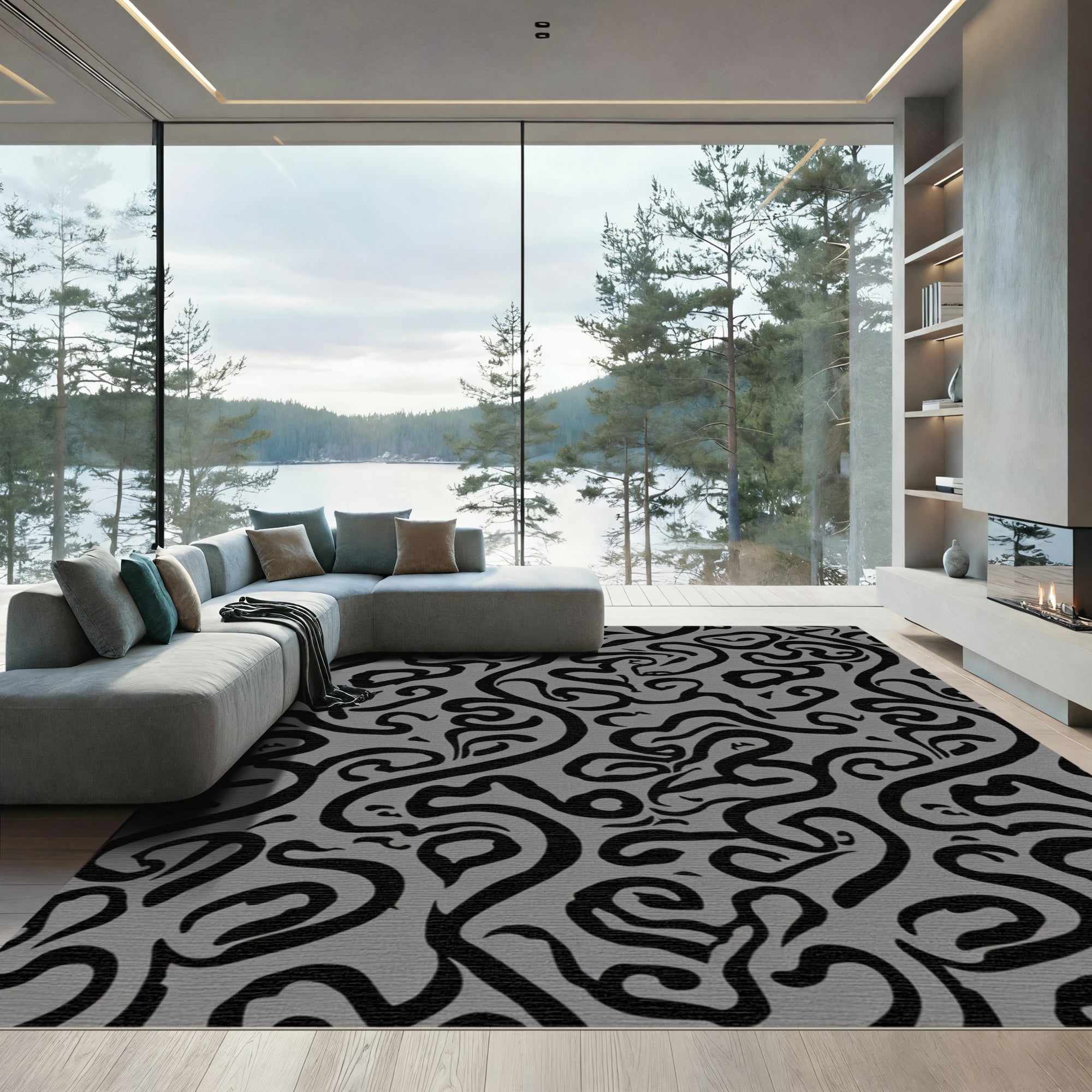 Monochrome Abstract Swirl Flow Rug