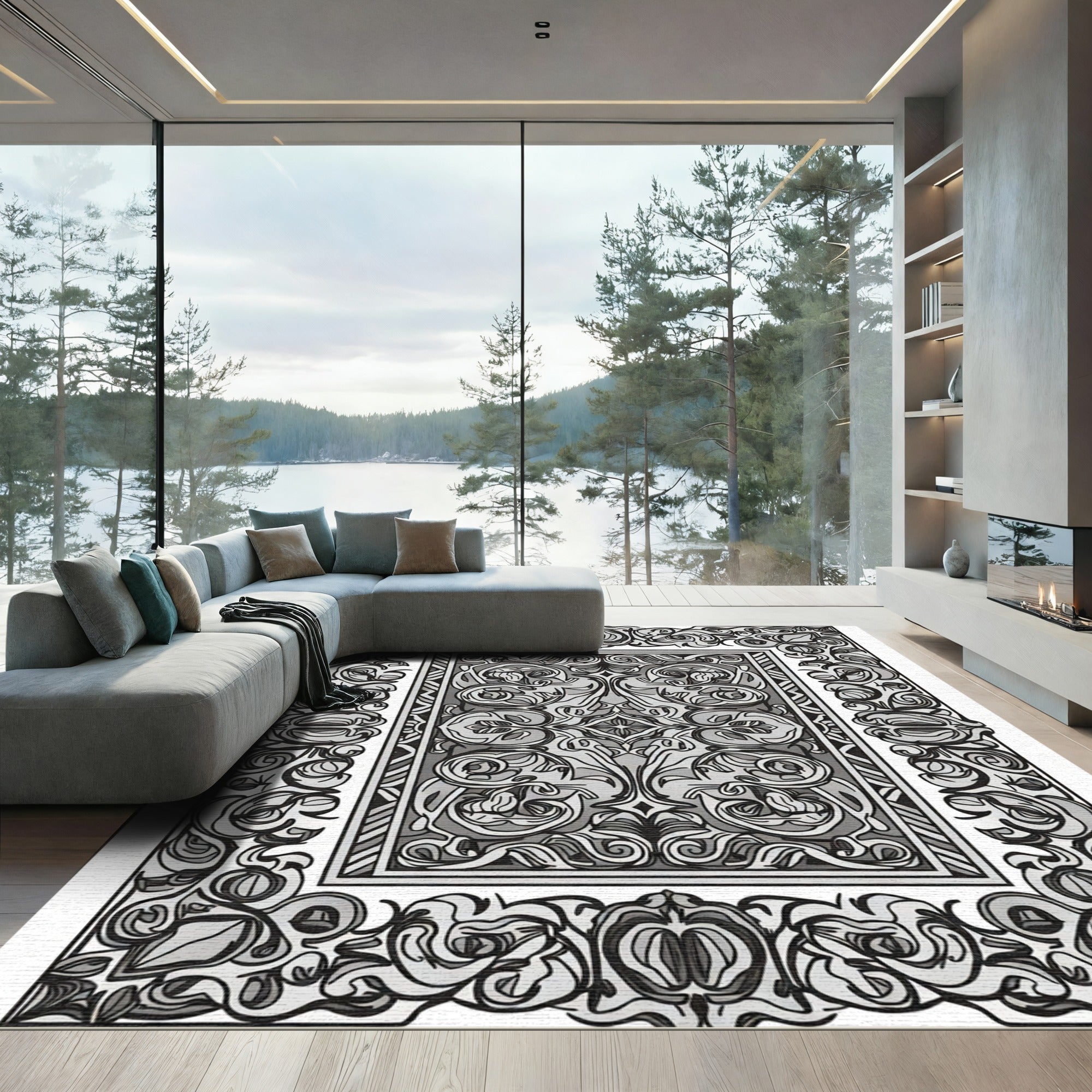 Monochromatic Floral Arabesque Frame Rug