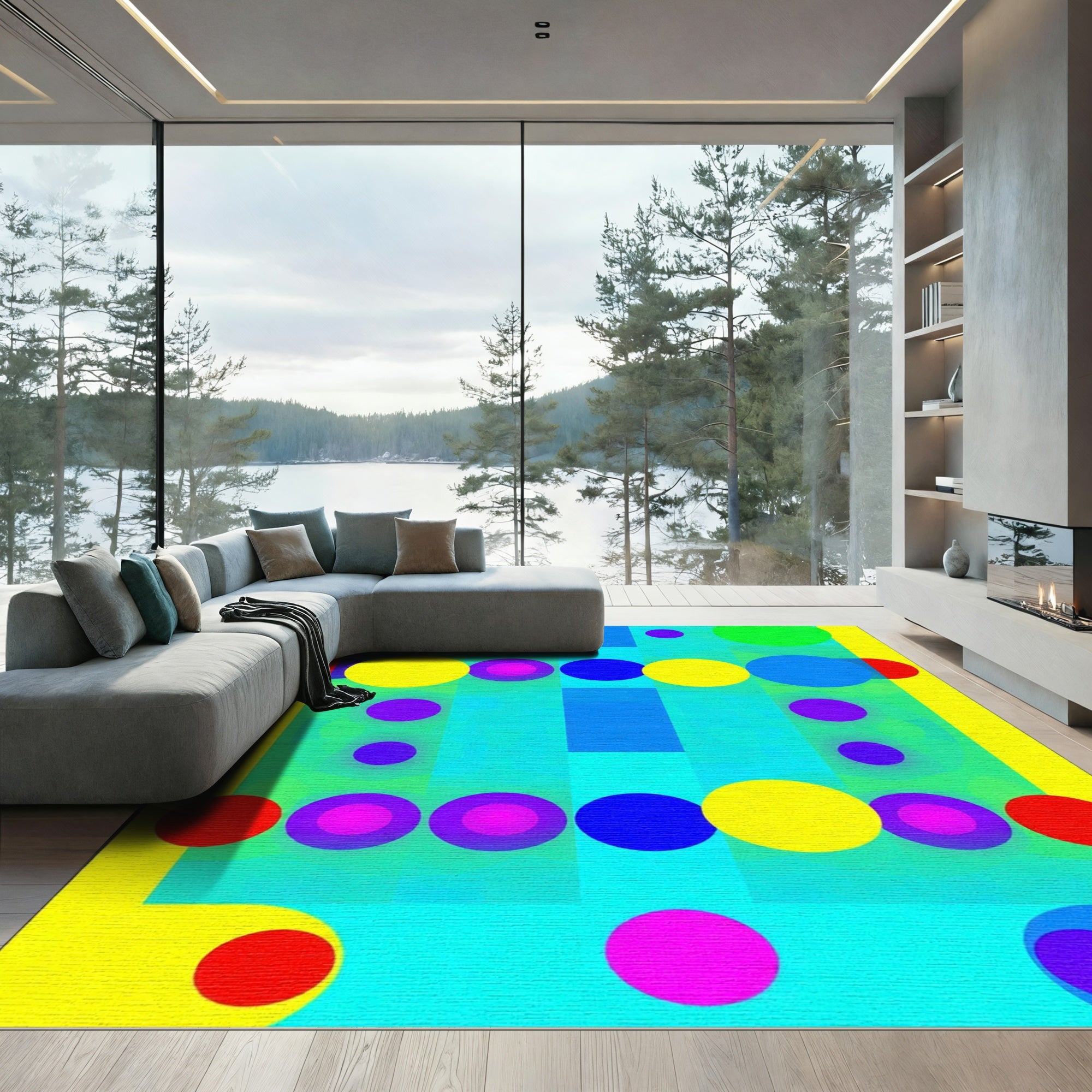 Vibrant Geometric Circles and Squares Rug