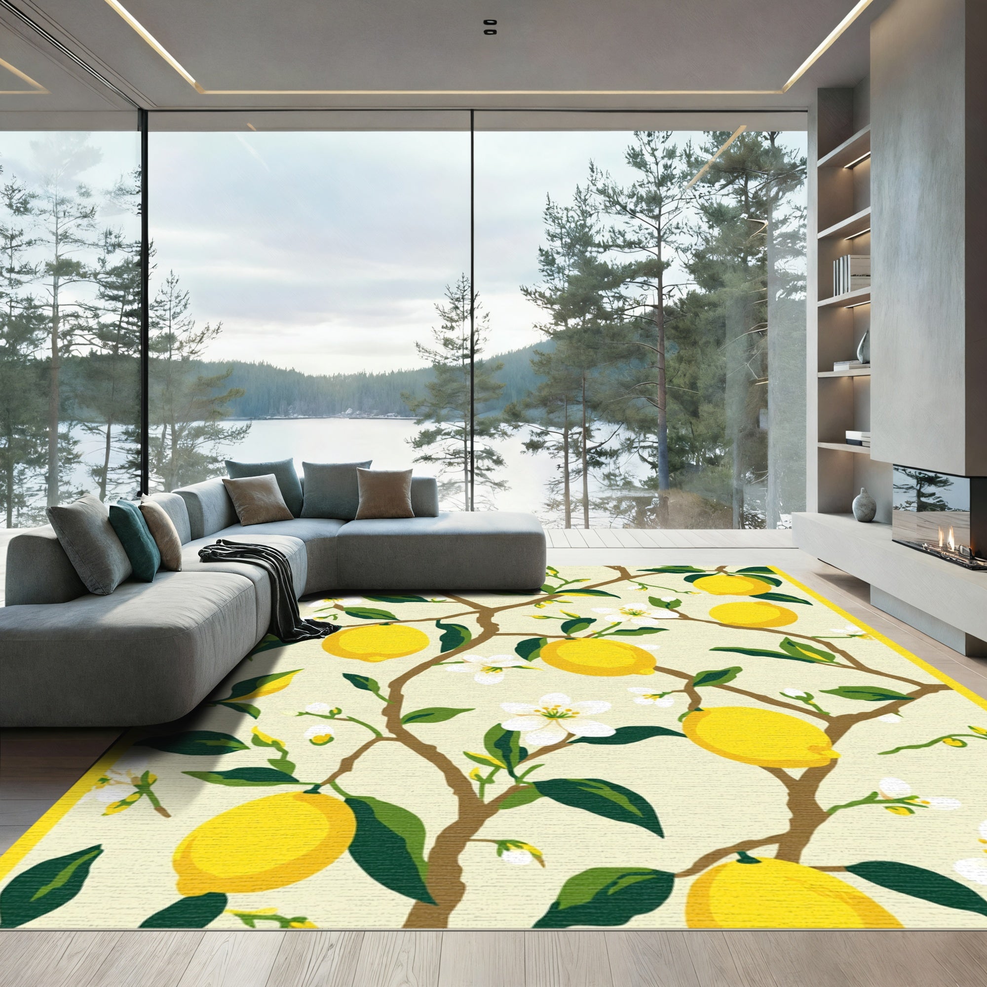 Yellow Lemon Branch Blossom Botanical Rug