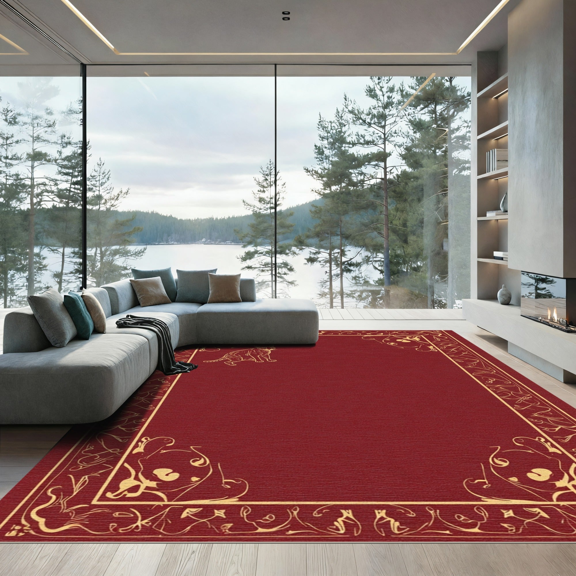 Crimson Whimsical Cat Scrollwork Border Rug
