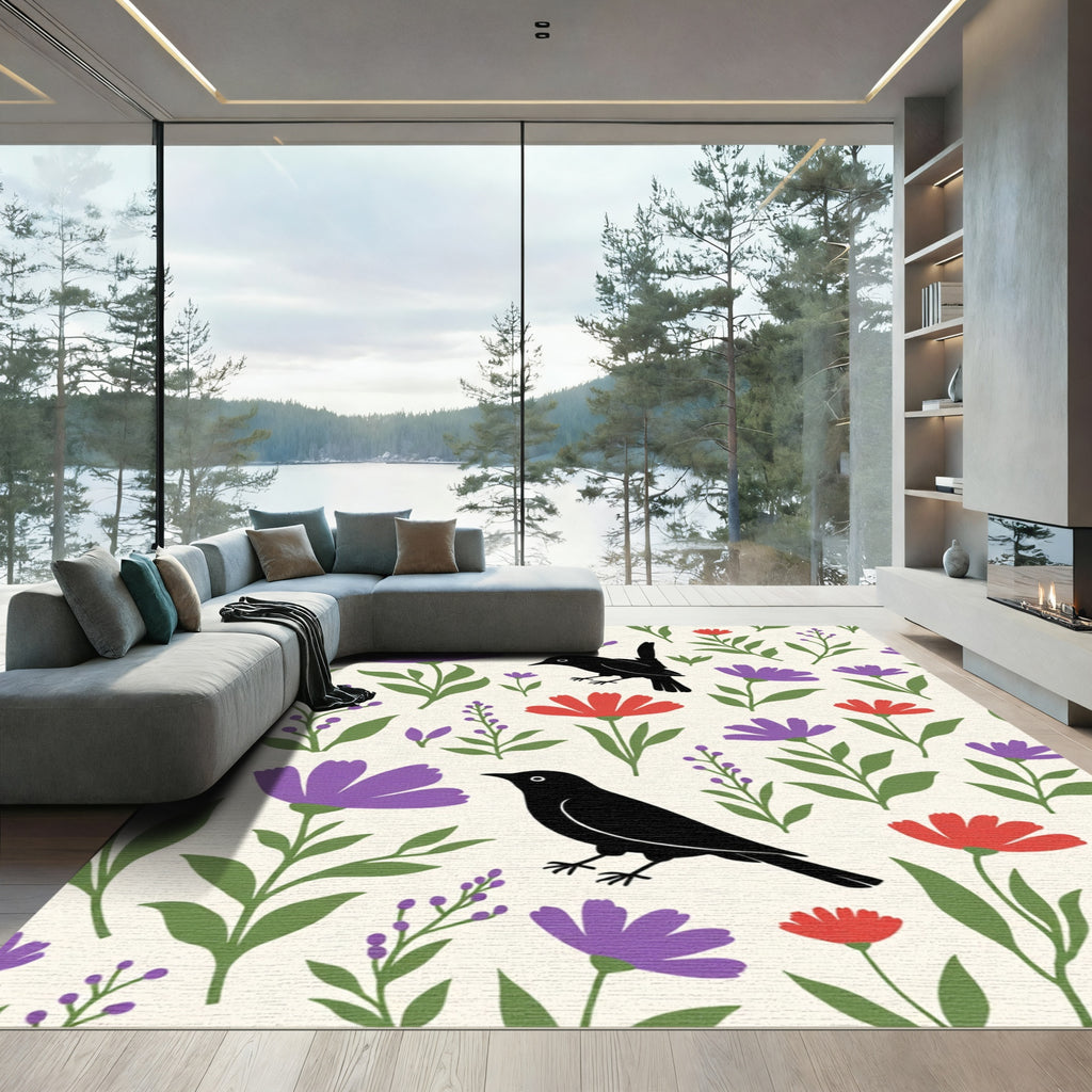 Black Birds Purple Floral Meadow Rug