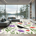Black Birds Purple Floral Meadow Rug