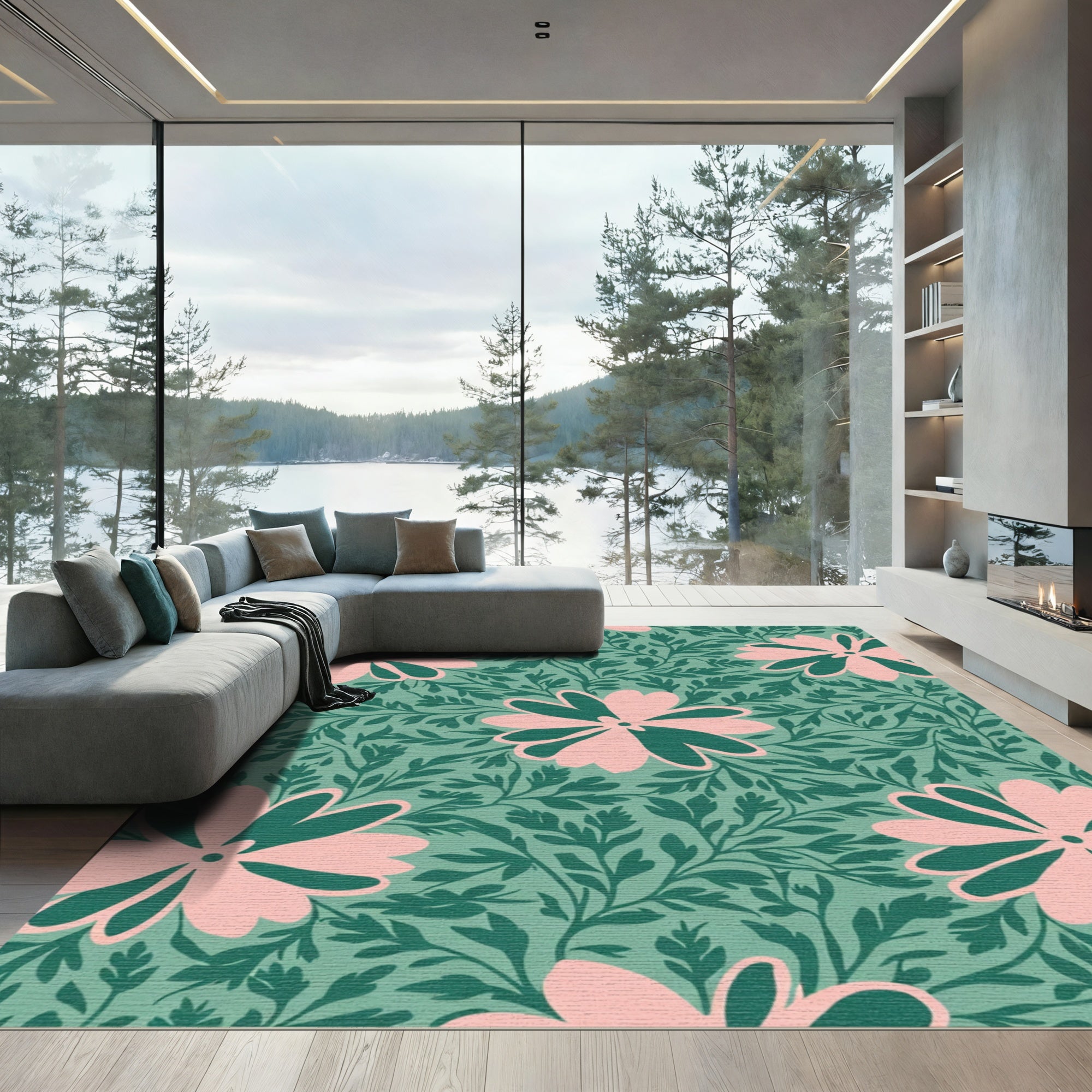 Soft Pink Floral Green Foliage Arrangement Rug