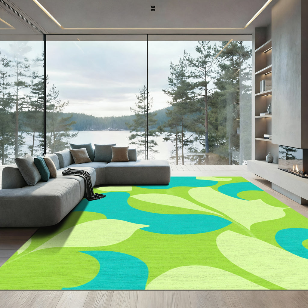 Green Teal Abstract Leaf Swirl Rug