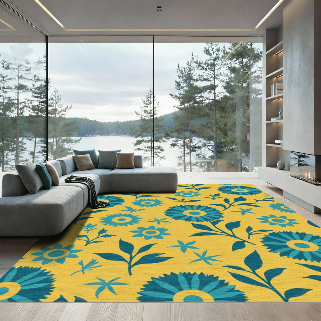 Teal Floral Bloom Yellow Background Rug