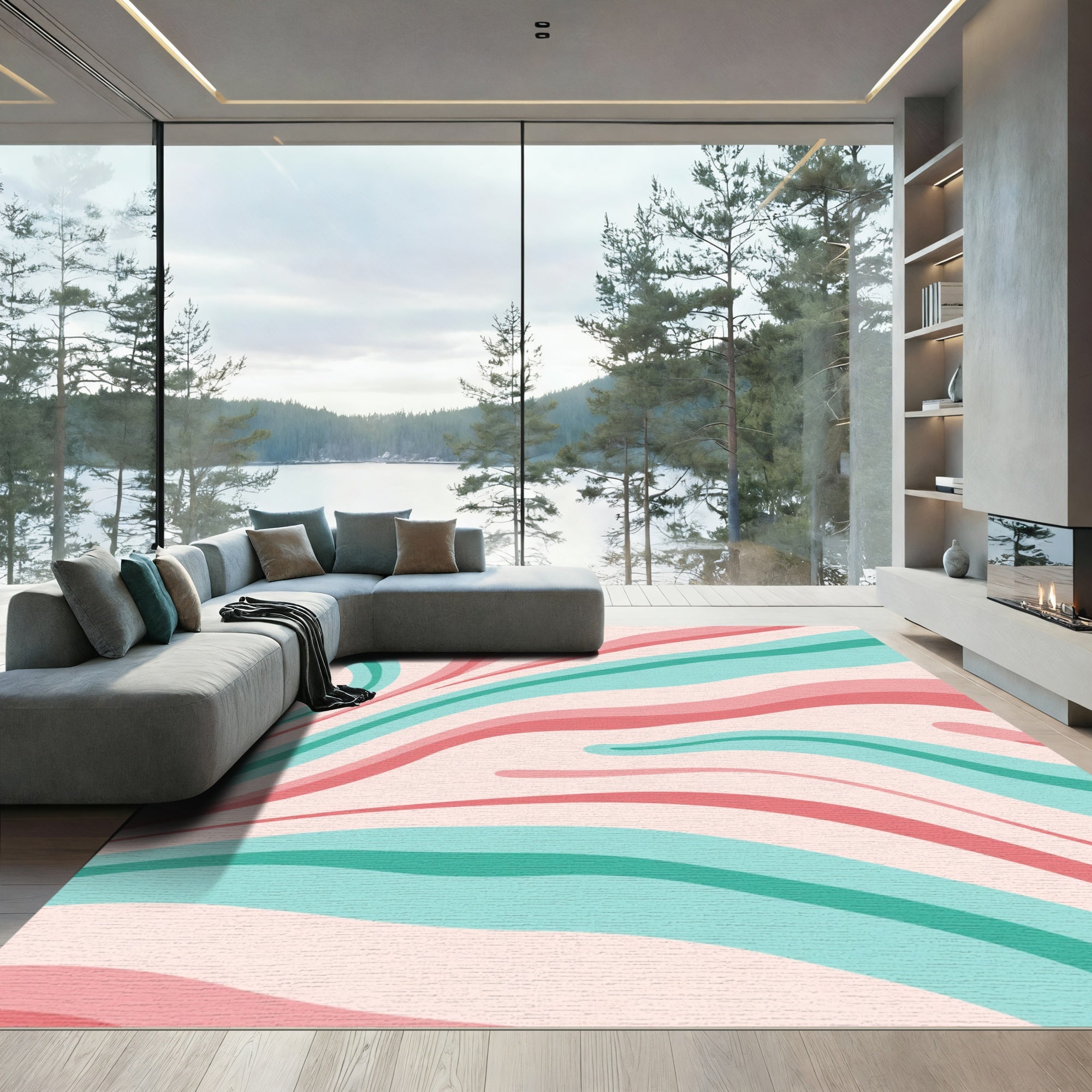 Retro Coral Teal Swirl Rug
