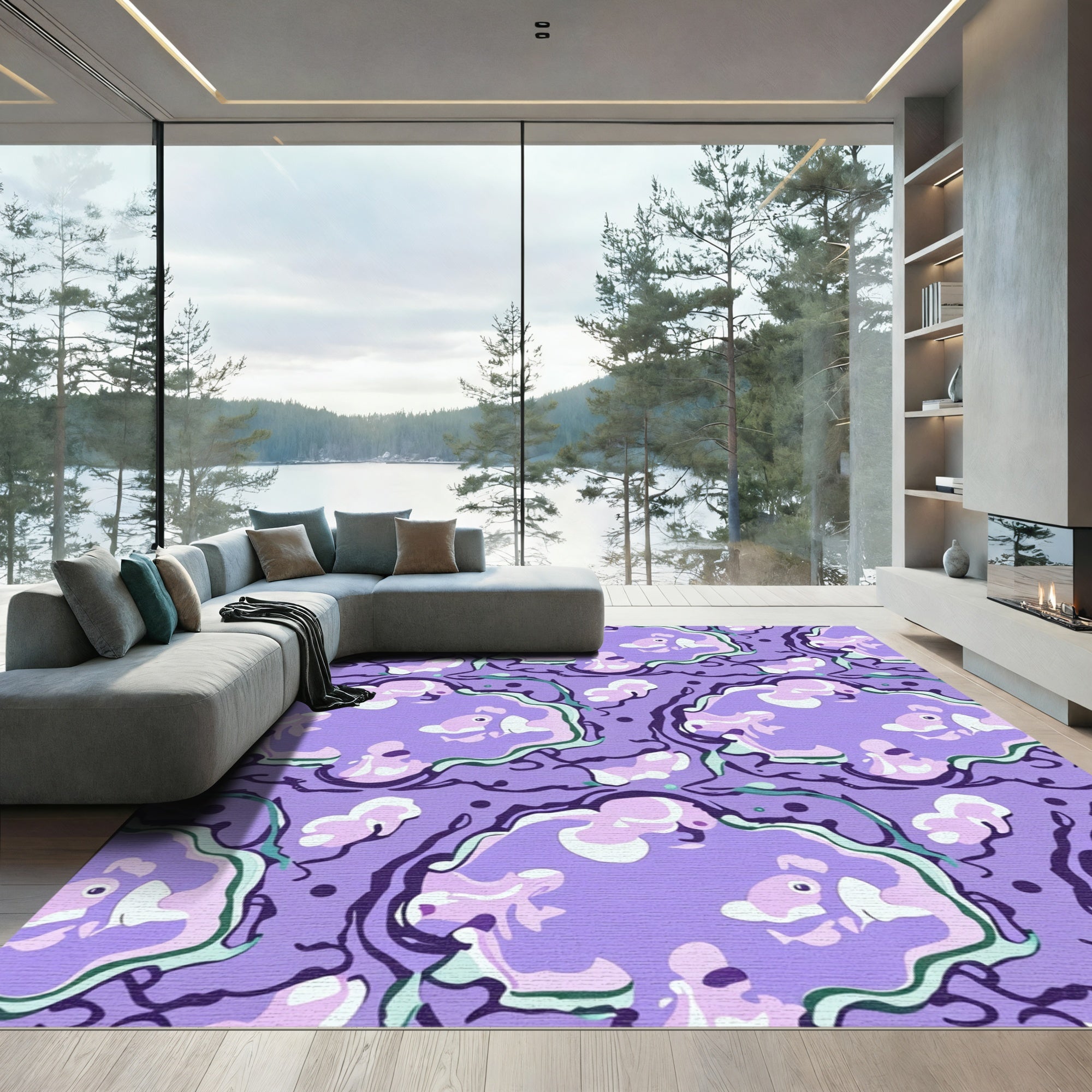 Whimsical Purple Fish Cloud Swirl Rug