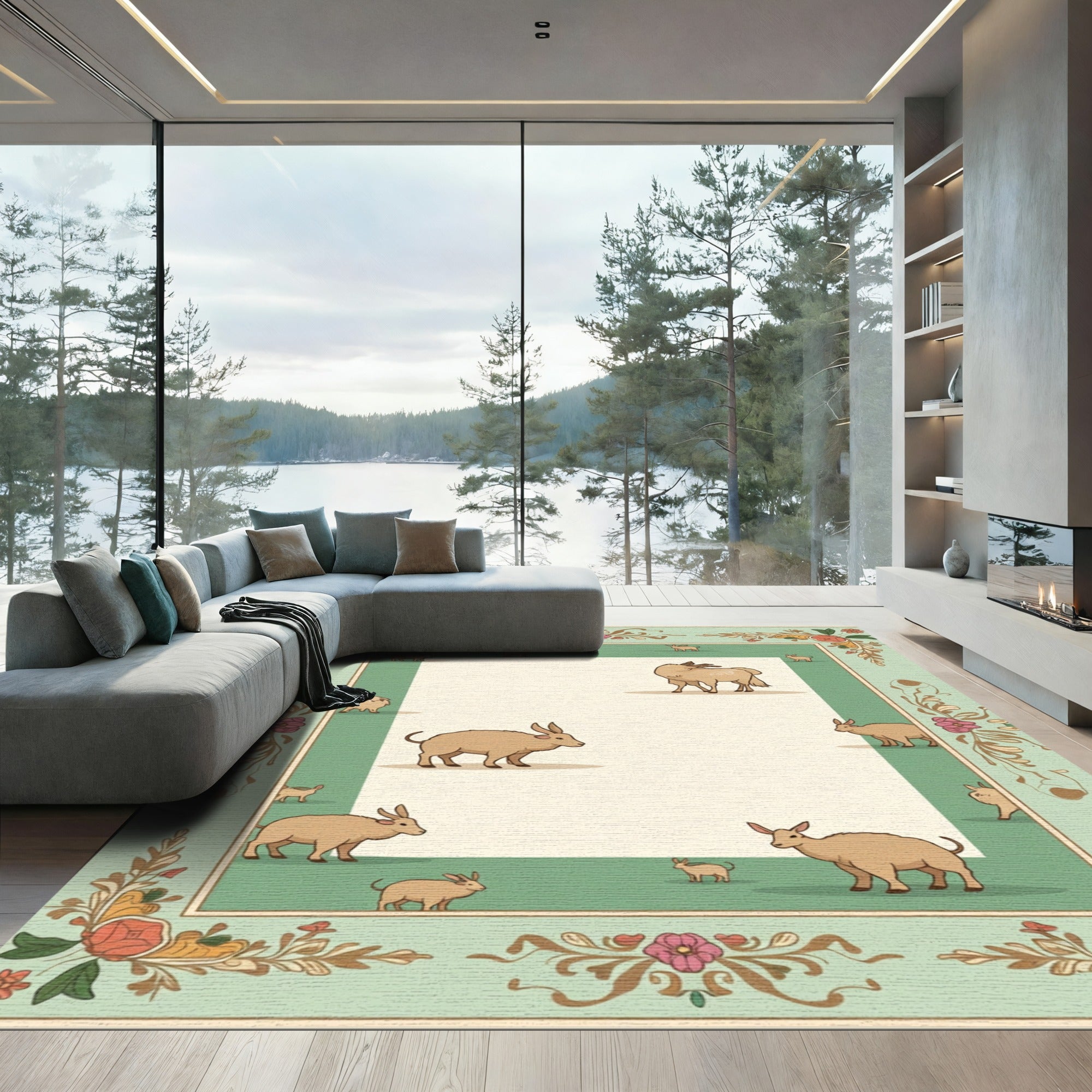 Gentle Fawn Animals Floral Border Rug