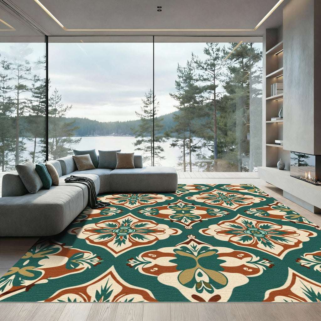 Teal Amber Floral Damask Ornament Rug