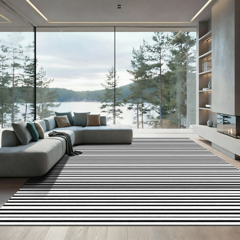 Black White Thin Stripe Rug