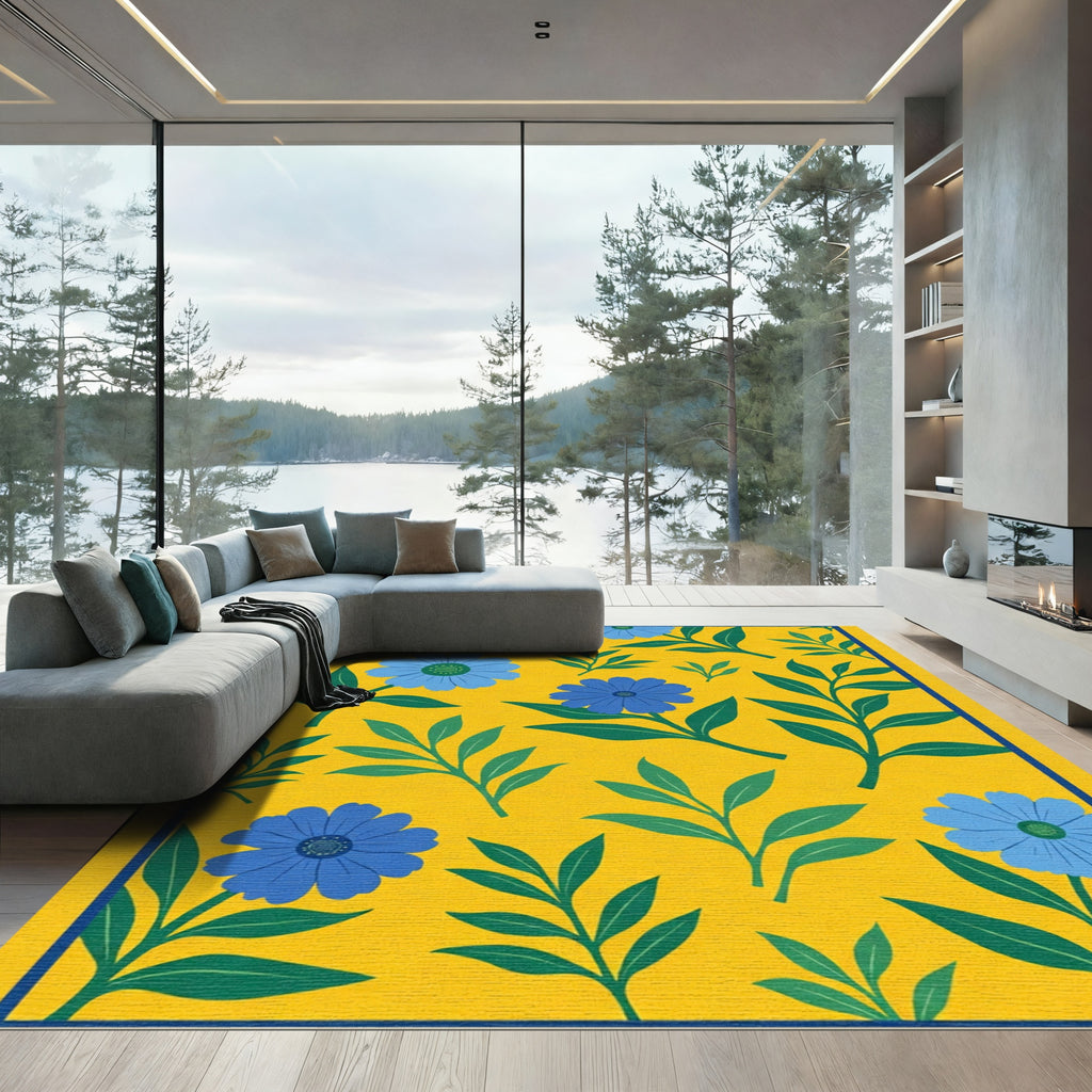 Cheerful Yellow Blue Floral Leaf Arrangement Rug