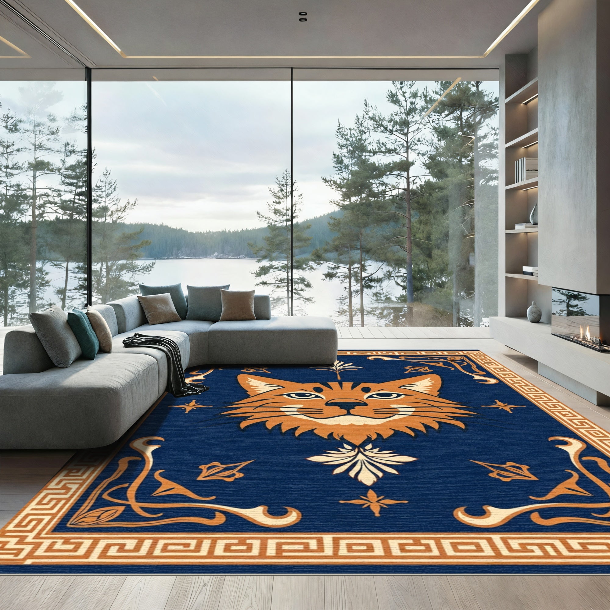 Orange Cat Blue Geometric Border Rug