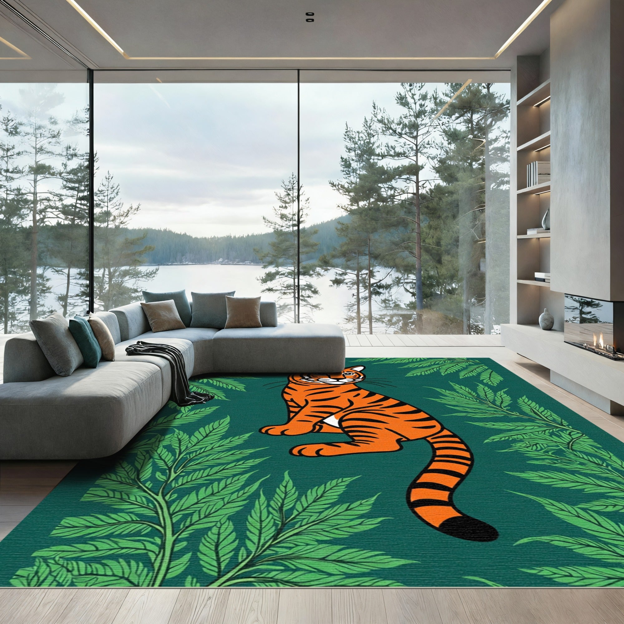 Orange Tiger Among Green Ferns Rug