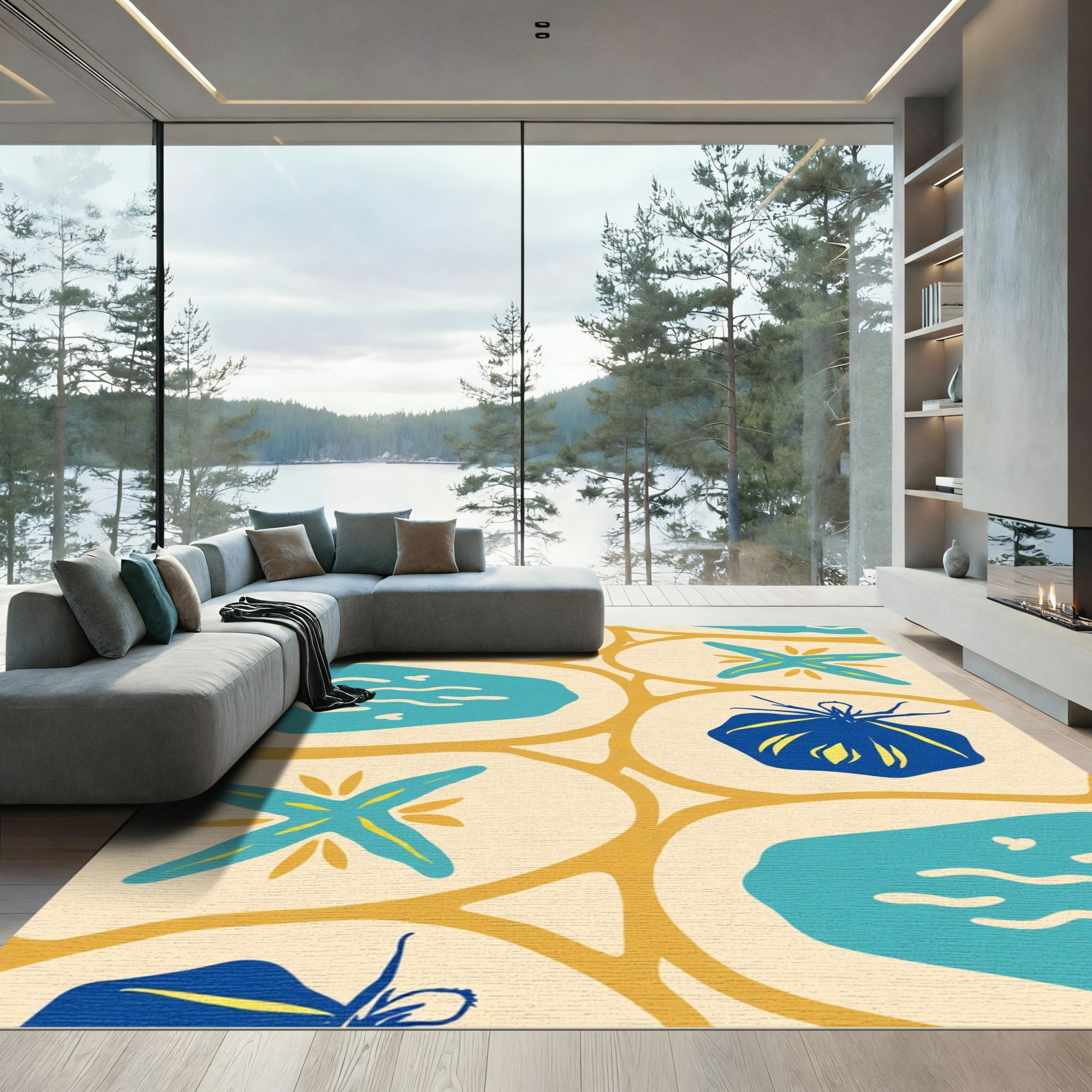 Aqua Blue Shell Starfish Beach Scene Rug