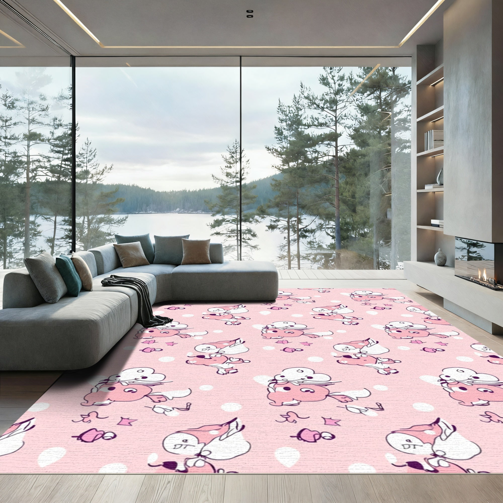 Pink Whimsical Cloud Creature Pattern Rug