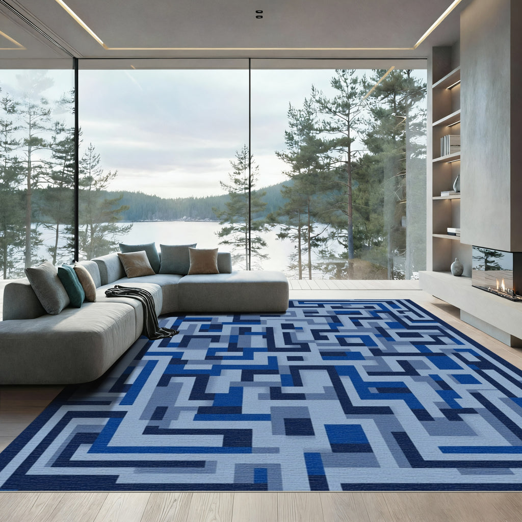 Geometric Labyrinth Blue Maze Rug