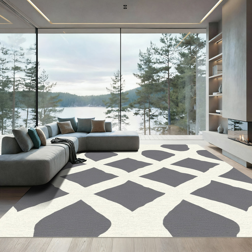Gray and Cream Lattice Diamonds Rug