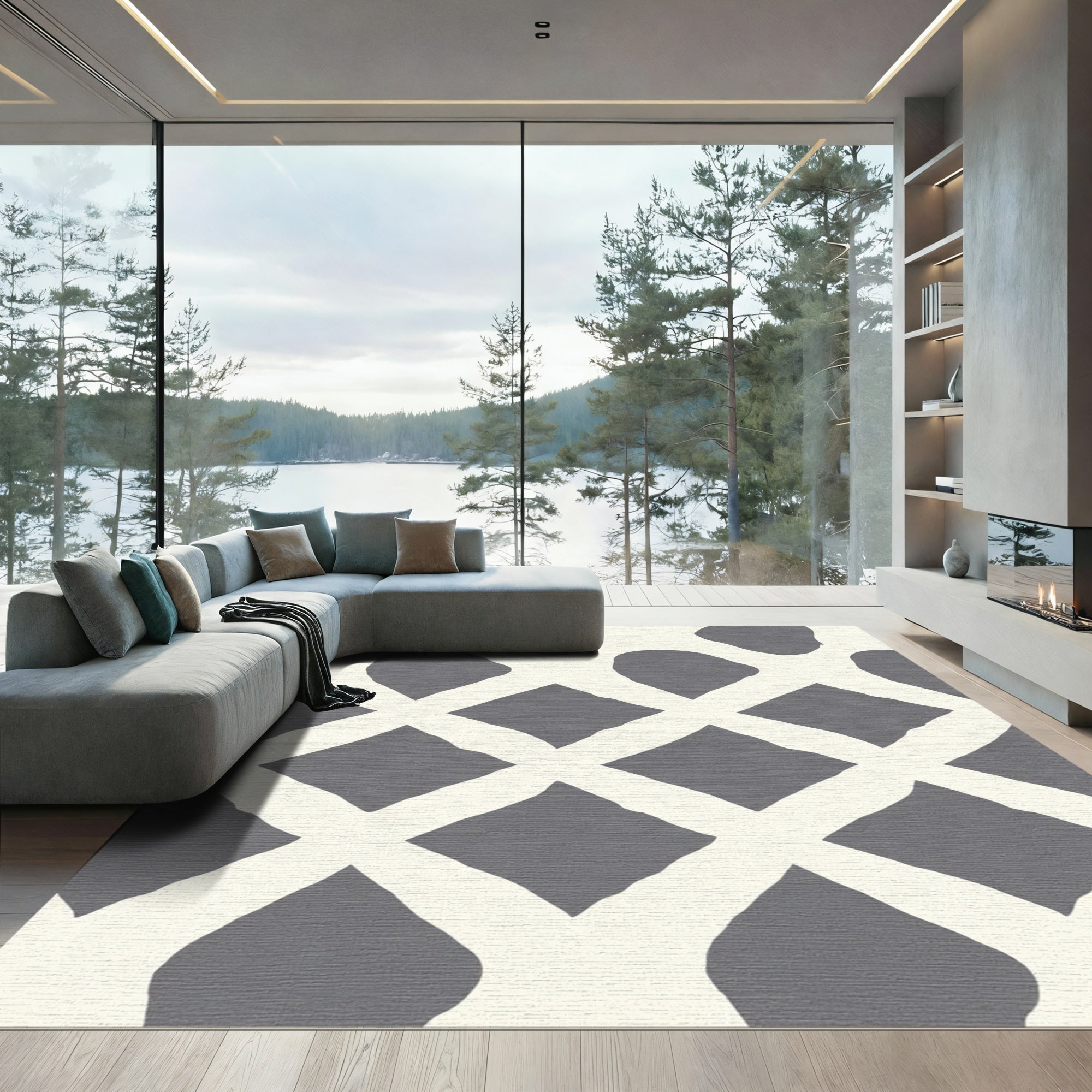 Gray and Cream Lattice Diamonds Rug