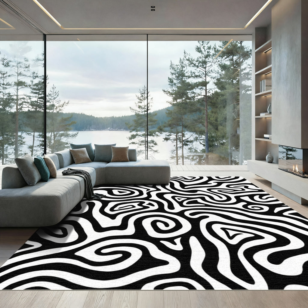 Black White Abstract Organic Flow Rug