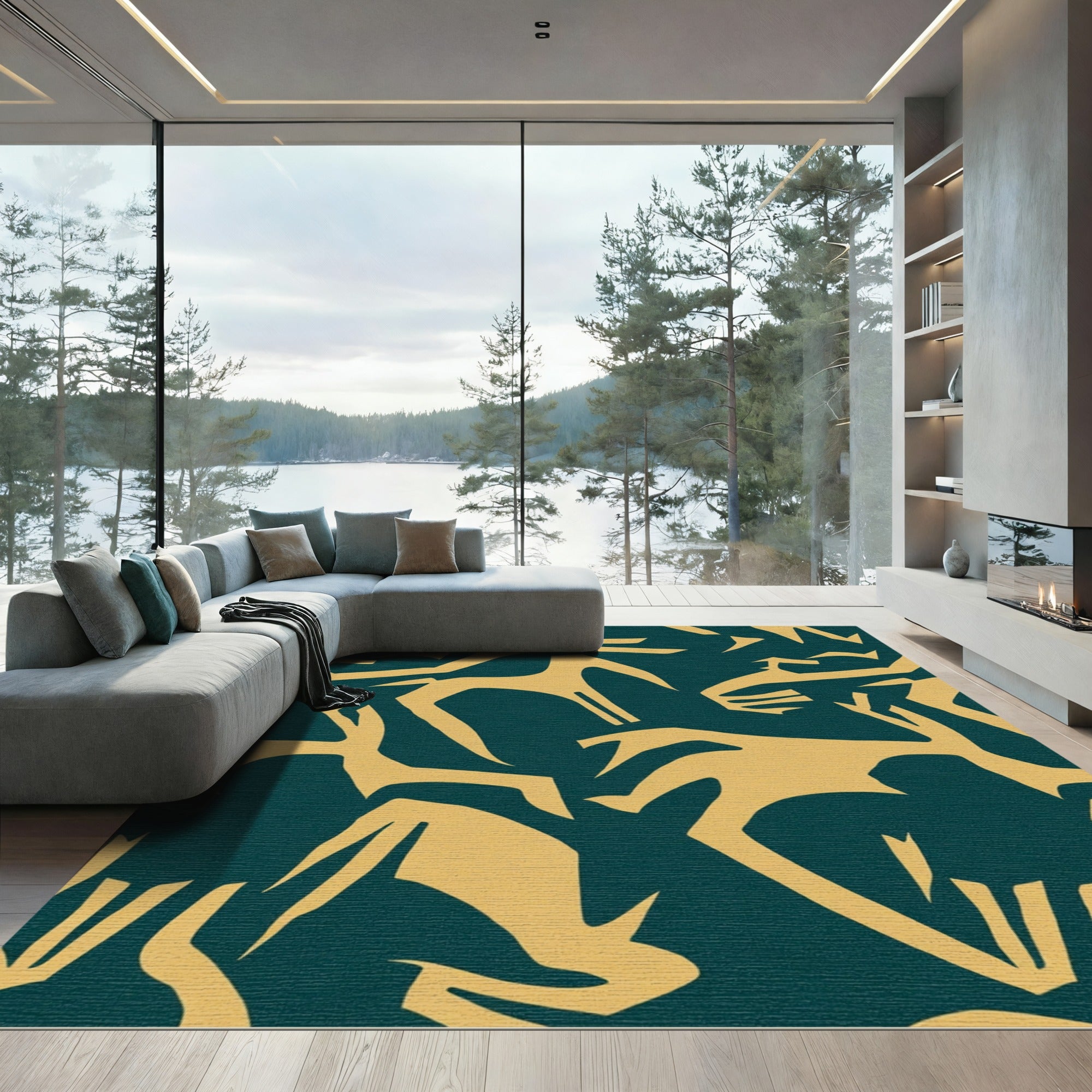 Deep Teal Golden Abstract Animal Forms Rug