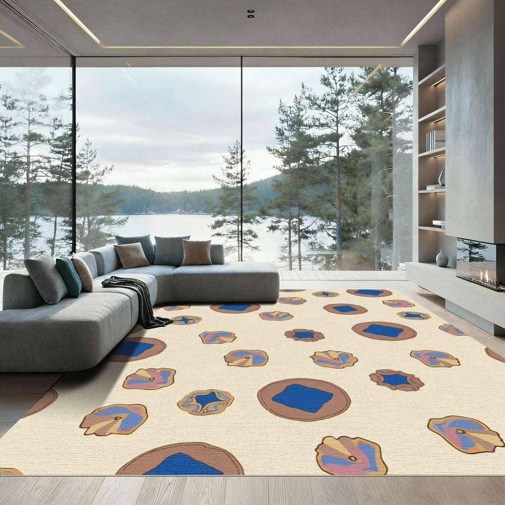 Cream Blue Abstract Floral Round Rug