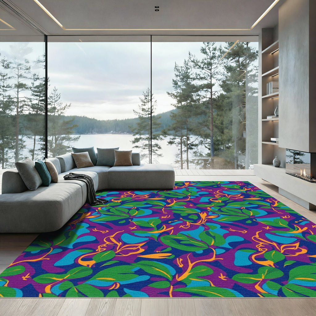 Bold Green Leafy Abstract Purple Rug