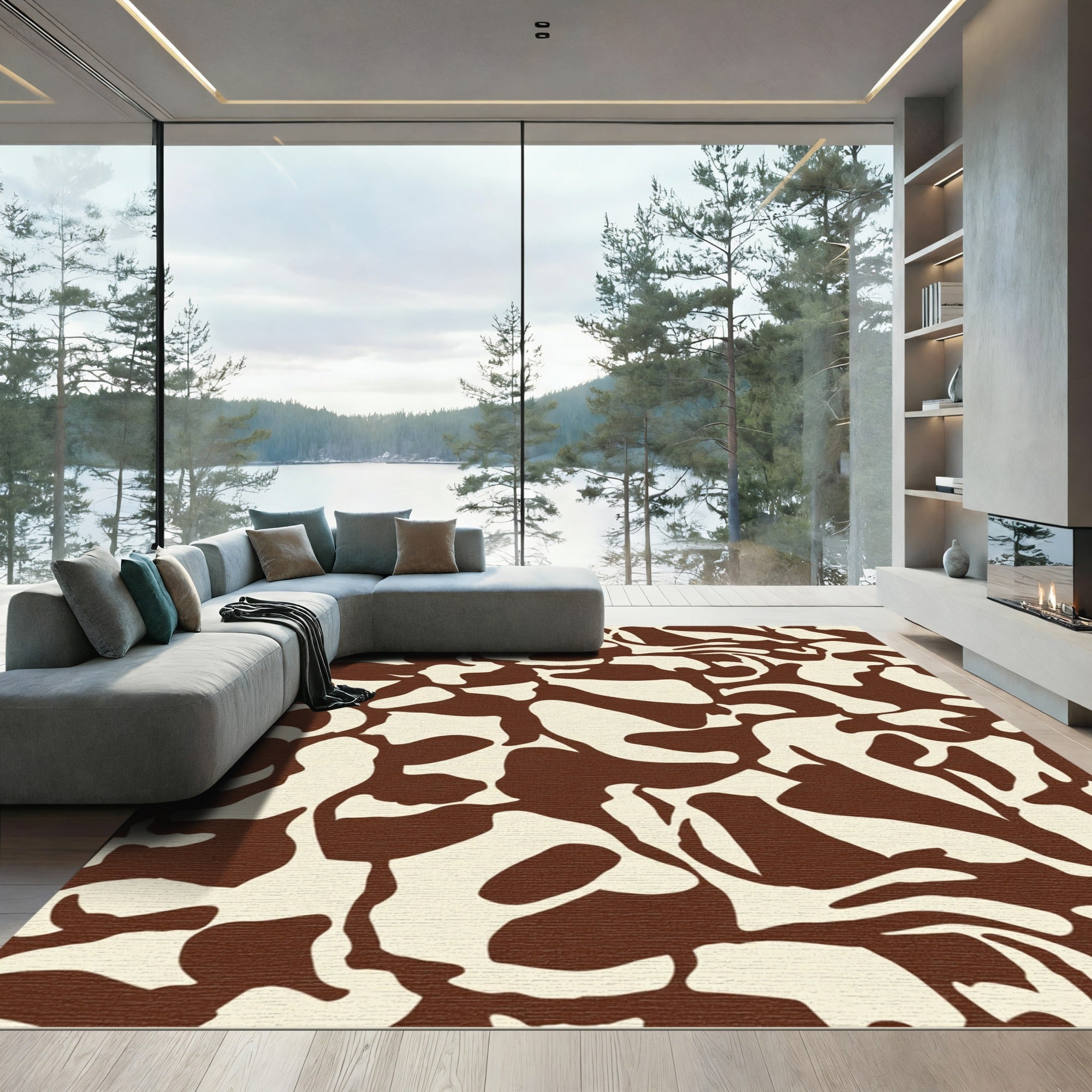 Brown Cream Abstract Amorphous Shapes Rug