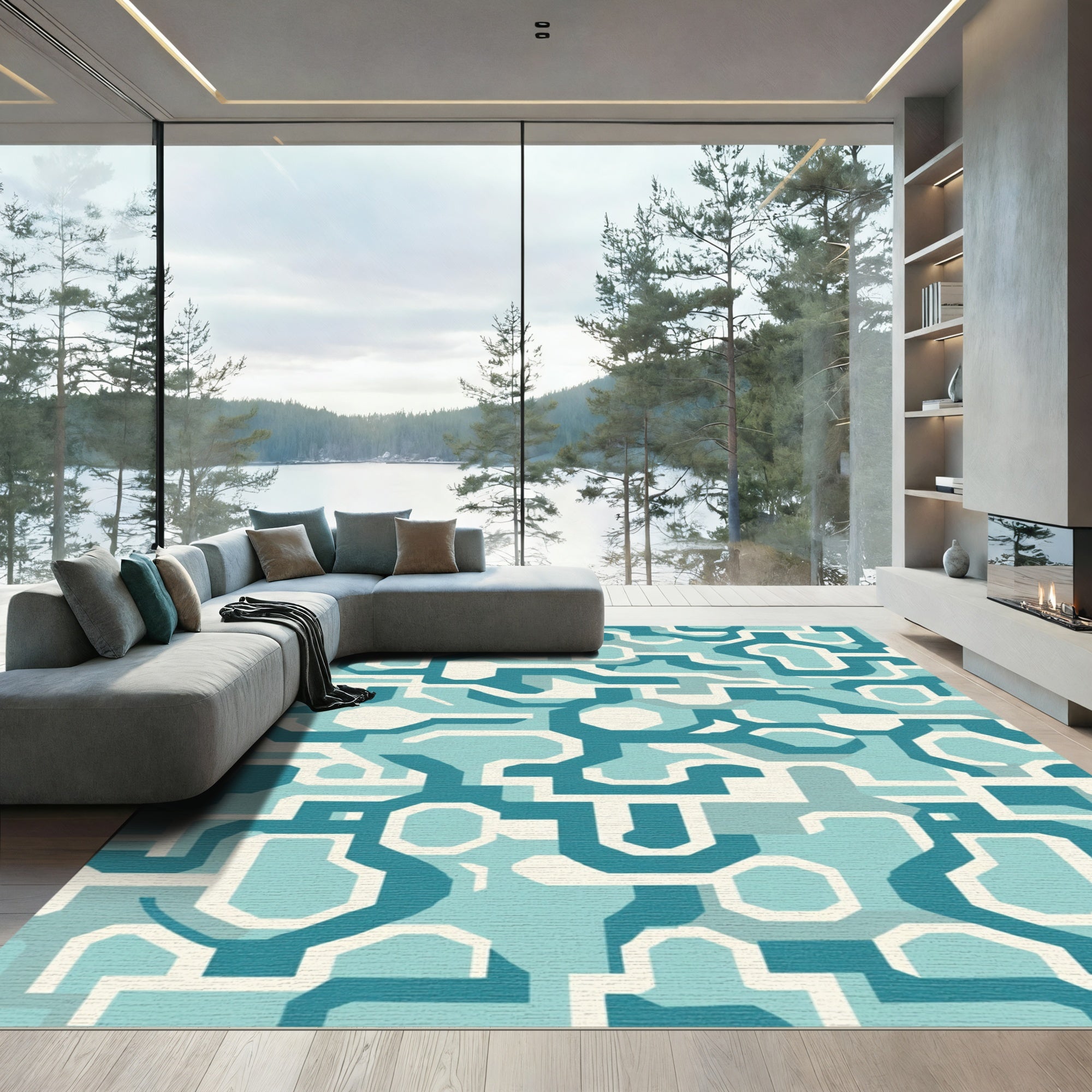Teal White Abstract Geometric Link Rug