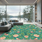 Whimsical Teal Floral Butterfly Garden Rug