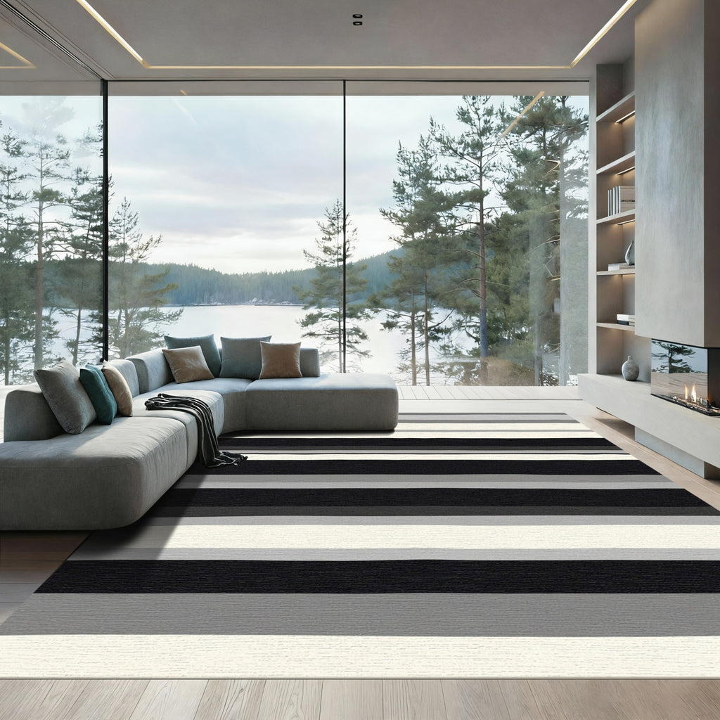 Black Gray White Striped Contemporary Rug