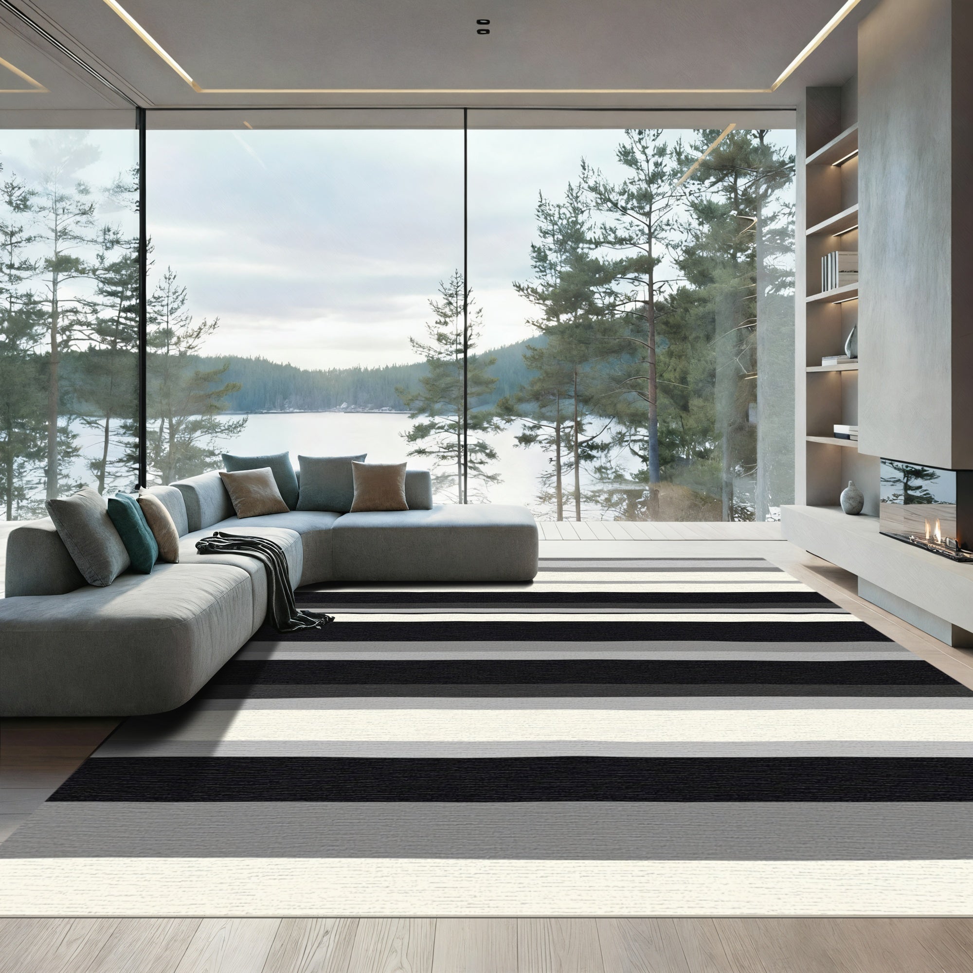 Black Gray White Striped Contemporary Rug