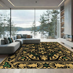 Black Gold Green Floral Vine Scroll Rug