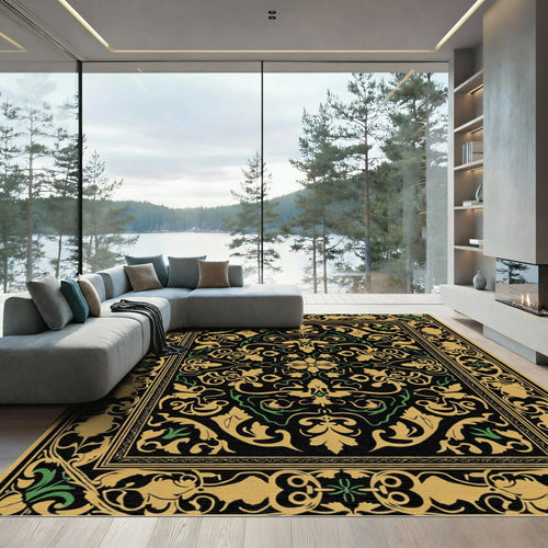 Black Gold Green Floral Vine Scroll Rug