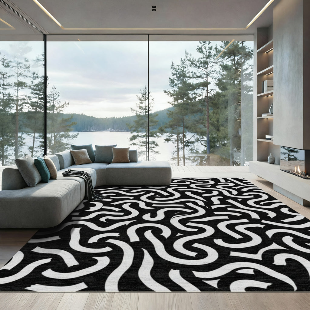 Abstract Black White Ribbon Swirls Rug