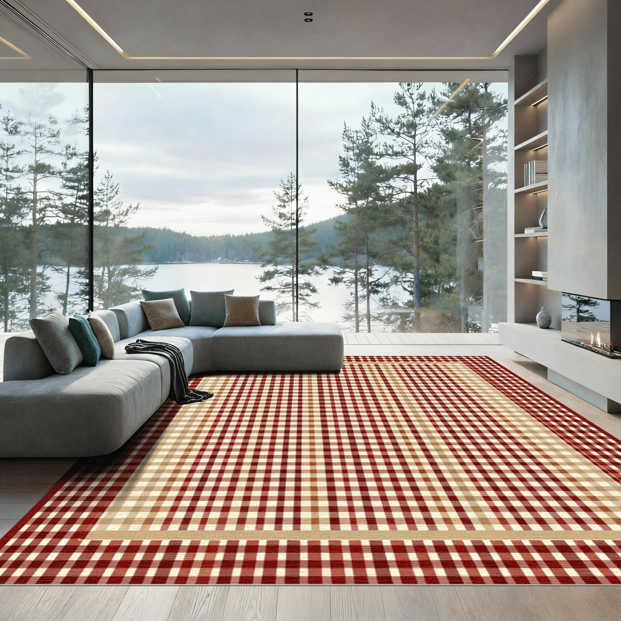 Red Beige Gingham Border Rug