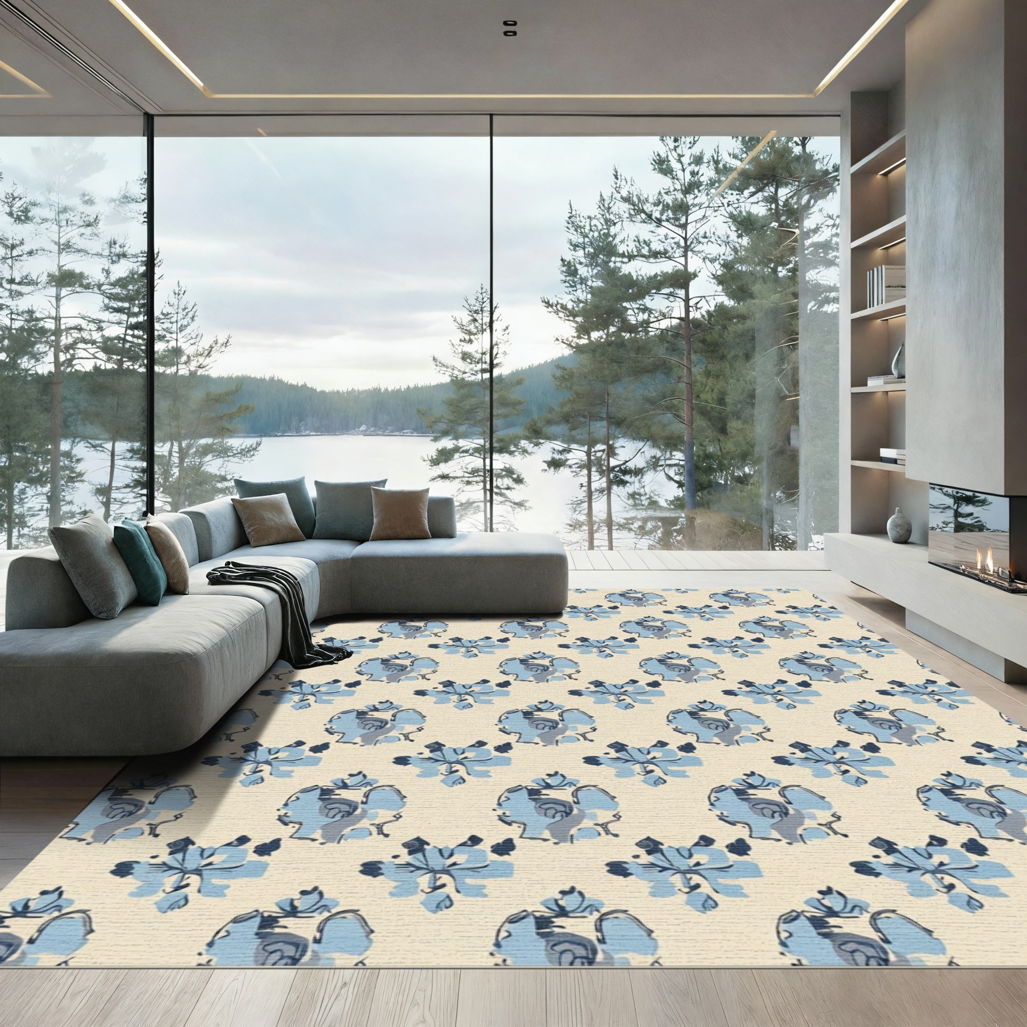 Light Blue Floral Medallion Cream Rug