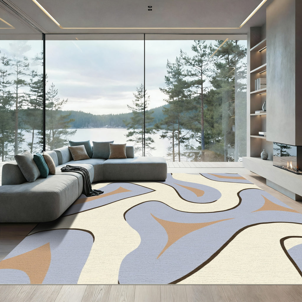 Abstract Blue Tan Swirl Flow Rug