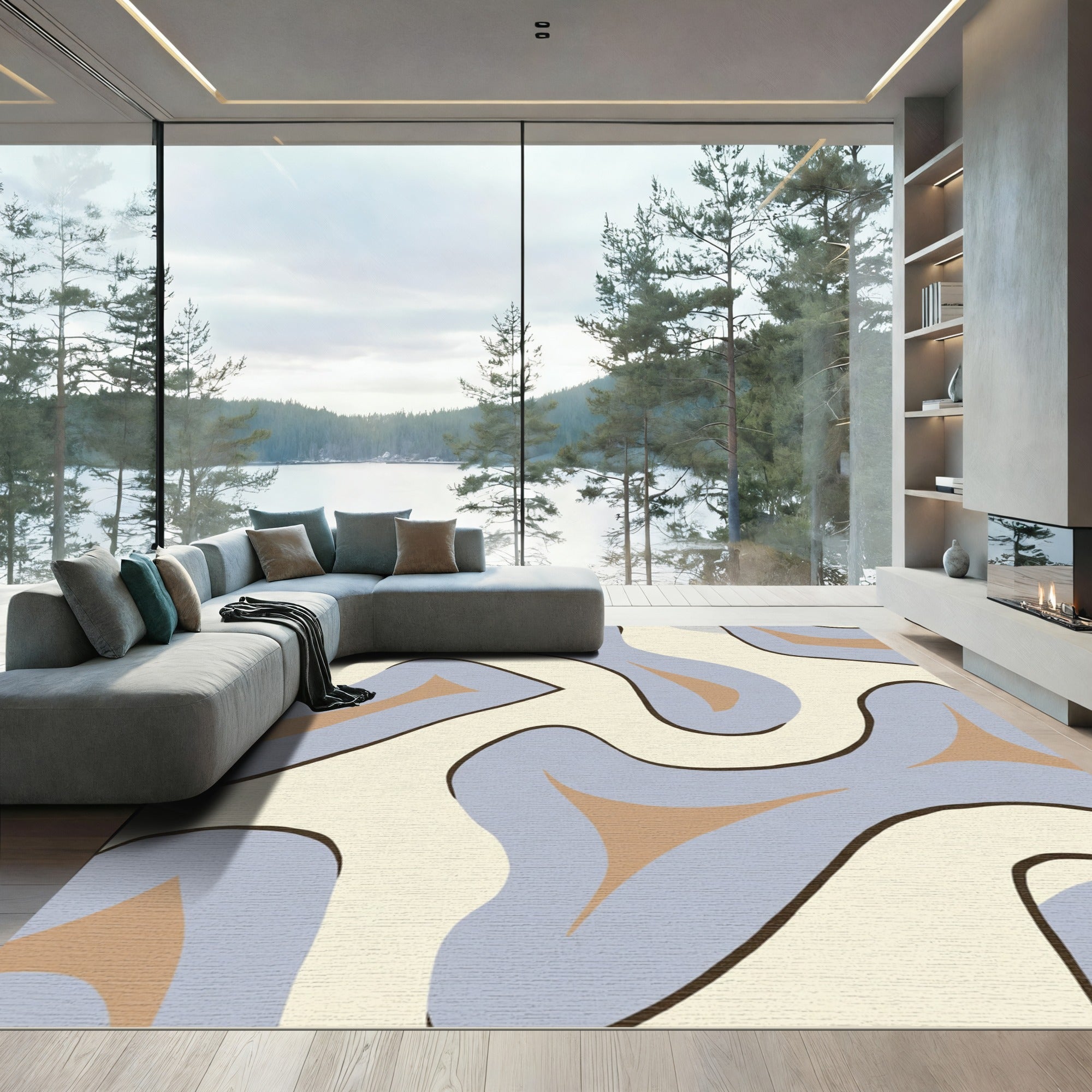 Abstract Blue Tan Swirl Flow Rug
