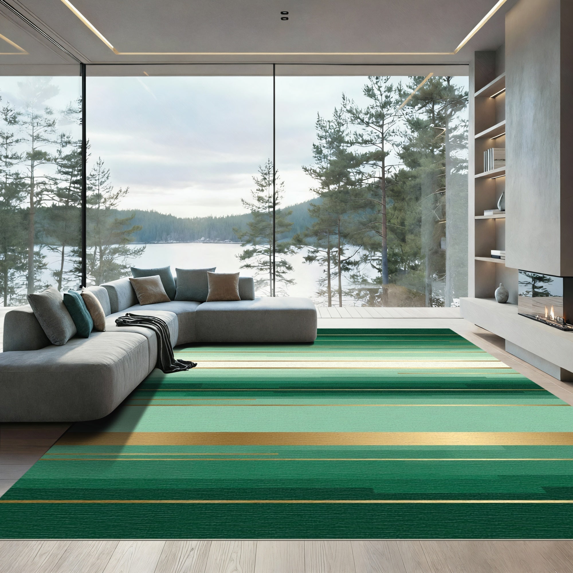 Emerald Graduated Lines Gold Accents Rug